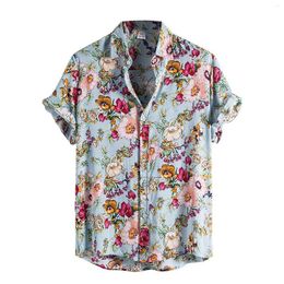 Men's Casual Shirts Womail Arrival Vintage Cotton Men Shirt Short Sleeve Ethnic Style Flower Print Tops Loose Hawaiian Streetwear