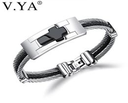 Charm Bracelets VYA 3 Rows Wire Chain Cuff Cross Stainless Steel Men Punk DIY Custom Engrave Man Jewelries Black Silver Colour Ban7095400