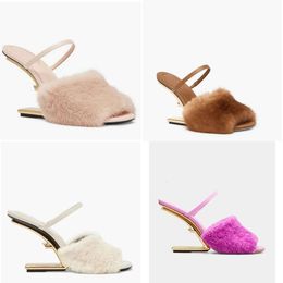 Luxury Design Women First Sandals Shoes Fur Wool Strap F Shape Peep Toe Wedge Black Nude White Calf Leather Walking Lady Dress Wedding Sandalias Elegant Brand Heels