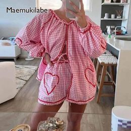 Women's Tracksuits Maemukilabe Kawaii Plaid Heart Pattern Front Tie-Up Blouses Shirt Tops Shorts 2 Pieces Set Women Cottage Y2K Vintage