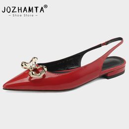 JOZHAMTA Size 33-40 Flats Sandals Women Real Leather Elegant Woman Shoes With Low Heels Pointed Toe Slingback Pumps Bow Sandal
