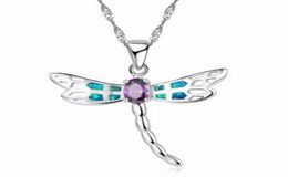 New Women Dragonfly Design Pendant Necklace 925 Sterling Silver Blue Fire Opal Necklaces Jewelry for Lady7850672