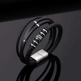 Bangle 2022 New Style Stainless Steel Mens Leather Bracelet Hand-woven Multi-layer Combination Accessory Fashion Man Jewellery Wholesale Y240601NE09