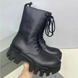 Chunky Heel Man Black Boot Fashion Men Genuine Leather Ankle Boot Round Toe Male Lace Up Designer Boot