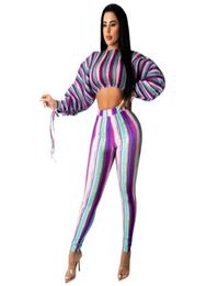 Women039s Two Piece Pants Plus Size Women Autumn Print Lantern Sleeve Drawstring Leisure Twopiece Suit Striped Top Trousers 9503691