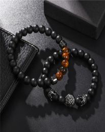 Charm Bracelets 2pcsset Fashion Lion Crown Black Frosted Stone Bead Bracelet Men Classic Matte For Pave CZ Jewelry Gift4943483
