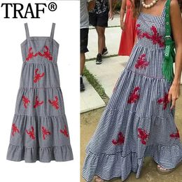 TRAF Embroidery Plaid Long Dresses Women Sleeveless Slip Midi Dress Woman Pleated Backless Beach Dress Vintage Summer Dress 240601
