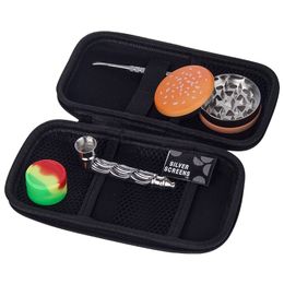 ZH005 Dab Rig Smoking Pipe Hamburger Style Tobacco Herb Grinder 2 Layers Dabber Tool Silicon Jar Zipper Case Screen Perc Stainless Steel Hand Pipes Kit