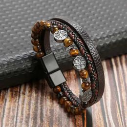 Bangle Hot Sales Tree of Life Leather Bracelet Men Classic Fashion Stainless Steel Multi Layer Leather Bracelet For Men Jewellery Gift Y240601MW0S