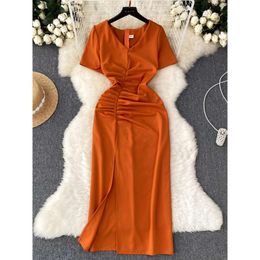 French style high-end short sleeved pleated waistband dress for women to show slimming temperament goddess style buttocks wrapped spicy girl skirt