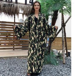 Summer Denim Camouflage Printed Cardigan Beach Wear Swim Suit Elegant Africa Women Boho Dress Holiday Long Sleeve Kimono