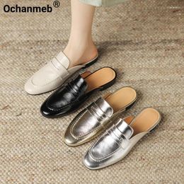 Slippers Ochanmeb Women Real Leather Mule Shoes Silver Gold Slip-on Penny Loafers Woman Genuine Flat Mules Spring Summer