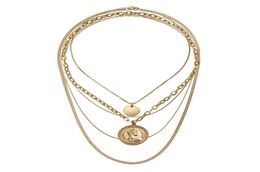 Rongho New design Multi layers Metal Human head chokers necklace Gold coin circle pendant necklace Vintage chains necklace1012127