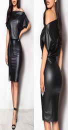 Women PU Leather Mini Dress Sexy Black Crew Neck Wet Look Bodycon Bandage Party Club Plus Size Casual Dresses2576394
