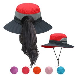 Womens Girls Bucket Caps Outdoor UV Protection Foldable Sun Hats Mesh Wide Brim Beach Fishing Hat with Ponytail-Hole 240603