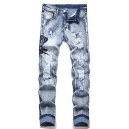 Men's Jeans Mens snake embroidered jeans with torn blue elastic denim pants ultra-thin tapered Trousers J240531