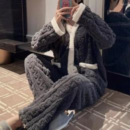 Women's Sleepwear Coral Fleece Loungewear Set Cosy Winter For Women Plush Thermal Pyjamas With V-neck Tops Wide Leg Pants Cute Idjrp