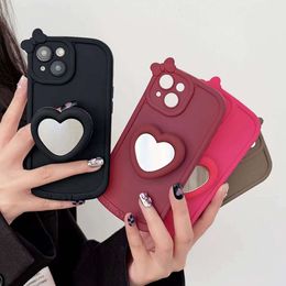 Korea Love Heart Makeup Mirror Holder Phone Case For iPhone 15 14 13 12 11 Pro Max 3D Bowknot Lens Bumper Solid Silicone Cover