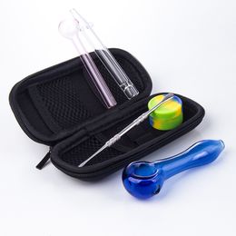ZH004 Dab Rig Spoon Smoking Pipe Bag Set Oil Rigs Glass Pipe Colorful Oil Burners 3 Different Pipes Silicon Jar Dabber Tool Zipper Case