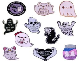 Pins Brooches Cute Black White Ghost Enamel Pin Collection Halloween Creepy Scary Spooky Boba Cat Ghosts BOO Brooch Horror Gothic25762478