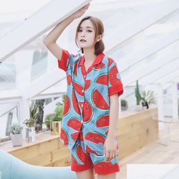 Home Clothing Y Summer Cute Watermelon Pyjamas Sleepwear For Women Sleeve Pyjamas Cotton Top Add Shorts Sets Nightwear Drop Delivery G Dh1Jr