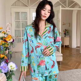 Spring and Summer Silk Soft Womens Pajama Set Button Open Fleece Womens 2-piece Set High Grade Printed Womens Pajamas 240515