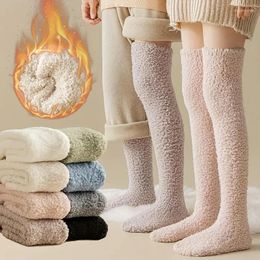 Women Socks Soft Coral Fleece Stockings Winter Solid Color Warm Thigh High Home Keep Over Knee Long