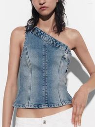 Women's Tanks Combhasaki Women High Street Y2K Grunge Denim Vest Sleeveless Single One-shoulder Slim Fit Summer Tops Clubwear For Party