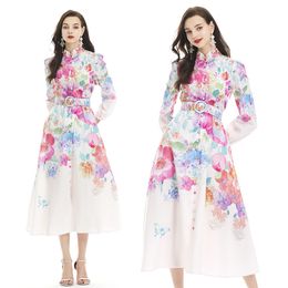 Elegant Colorful Flower Ruffle Maxi Dress Long Sleeve Designer Women Vintage Print Button Down Shirt Dresses Evening Belted A-Line Swing Casual Party Resort Robes