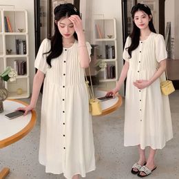 Korean Style Fashion Loose Pregnant Womens Summer Dress Short Sleeve Button Fly Maternity Pleated Dress Loose Pregnancy Dresses 240603