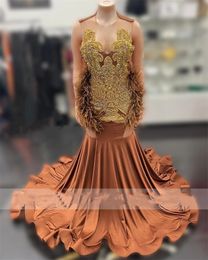 Brown O Neck Evening Dresses For Black Girls Beaded Crystal Birthday Party Gowns Feathers Long Prom Dresses Robe De Bal