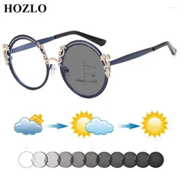 Sunglasses Women Color Match Carved Round Metal Pochromic Progressive Reading European American Hyperopia Spectacles