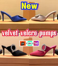 2022 Fashion Velvet Pumps Sandals Designer Crystal Embellishments Low Women Shoes Luxury Summer outdoor Lady High Stiletto Heels Slippers Sliders Sandal4260256