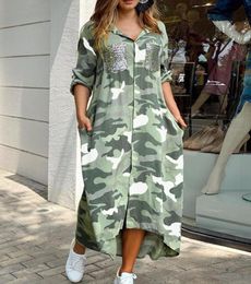 Casual Dresses Women Elegant Fashion Long Sleeve Denim Button Front Shirt Dress Camouflage Print Sequins Pocket Design Maxi DressC5306084