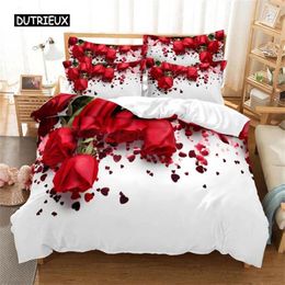 Bedding Sets Roses Flower Valentine's Day Wedding Set Luxurious Rose Petal Heart Love Duvet Cover Pillowcase 2/3 Pcs For Room Decor