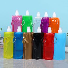 480ml/16oz Collapsible Sports Water Bottle Reusable Canteen Foldable Drinking Water Bags Leak Proof Travel Bottles Portable Clips Biking Hiking Camping W0284