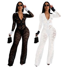 Jumpsuit for Women Sexy Playsuit 2024 Summer Black White Lace Button Down Lapel Collar See Through Long Slim Onepiece Woman Clothes