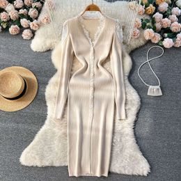 French Lace Splice V-Neck Single breasted Knit Dress Feminine Sexy Sweater Wrap Hip Long Skirt