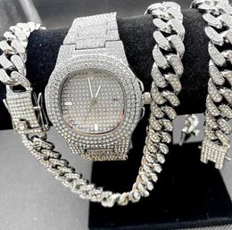 Chains Luxury Iced Out Watch Necklaces Bracelet Mens Hip Hop Jewelry Set Miama Cuban Link Chain Choker Blinged Gold Watches7779439