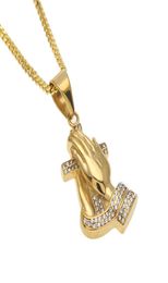 New Mens Hip hop Parying Hands Pendant Iced Out Rhinestone Stainless Steel Gold Colour Pendant Necklace Chain Punk Jewelry8214096