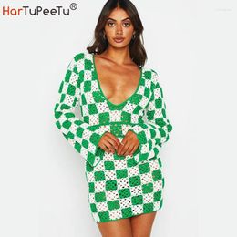 Plaid Crochet Beach Dress Mini Women Sexy V Neck Cover Ups Long Sleeve Backless Swimwear Colours Block Knit Vestidos Mujer