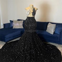 Black Sequin Memaid Prom Dresses 2024 Beaded Crystal See Through Top Plus Size Evening Dress 2024 Shine Formal Dinner Party Gowns Robe De Soiree 2024 Vestio Dance Wear