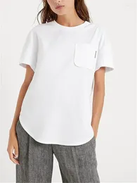 Women's T Shirts Ladies Cotton Tshirt Round Neck Beaded Pocket Short Sleeve Simple Top Curved Hem White T-Shirt Summer 2024