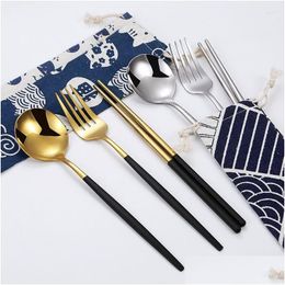 Dinnerware Sets Spoon Fork Chopsticks Set 3Pcs Stainless Steel Cutlery Lunch Tableware With Cloth Bag Kitchen Accessories Drop Delive Dh8Cq