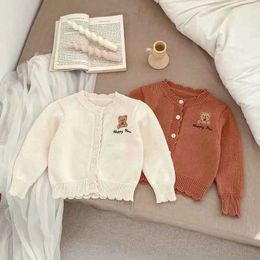 Cardigan Pullover Cute Baby Girl Knitted Cardigan 0-3Years Newborn Boy Long Sleeve Cartoon Bear Knitwear Embroidery Coat Outfits Spring Clothes WX5.31