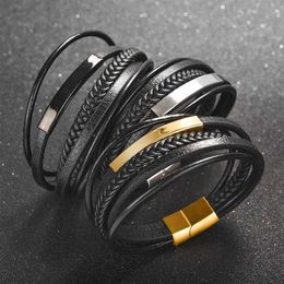 Bangle New Style Hand-woven Multi-layer Combination Accessory Stainless Steel Mens Leather Bracelet Fashion Man Jewellery Wholesale Y240601FWYT