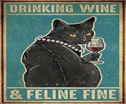 Drinking Wine Tin Sign Black Cat Poster And Feline Fine Iron Painting Vintage Home Decor for Bar Pub Club H09282405420