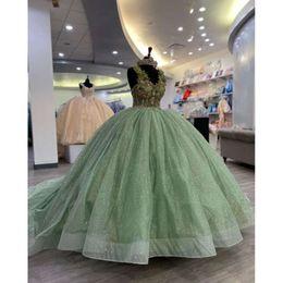 Mint Green Princess Quinceanera Dress 3d Floral Gillter kjol Corset Bustle Vestidos Para Festa de 15 Anos Sweet 16 Prom Gown 0603