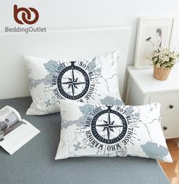 BeddingOutlet Compass Pillowcase Nautical Map Sleeping Pillow Case Boys Bedding Navy Blue and White Pillowcase Cover 2pcs Y2001032749245