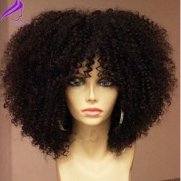180density full natural full lace front wig with bangs Synthetic Short Hair Afro Kinky Curly Wigs for Black Women Gemck